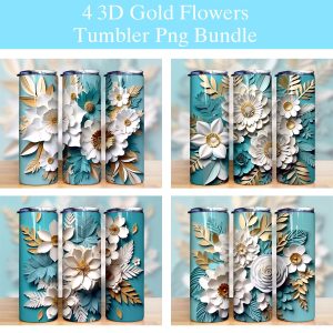 3d Turquoise White Gold Flowers Tumbler Png