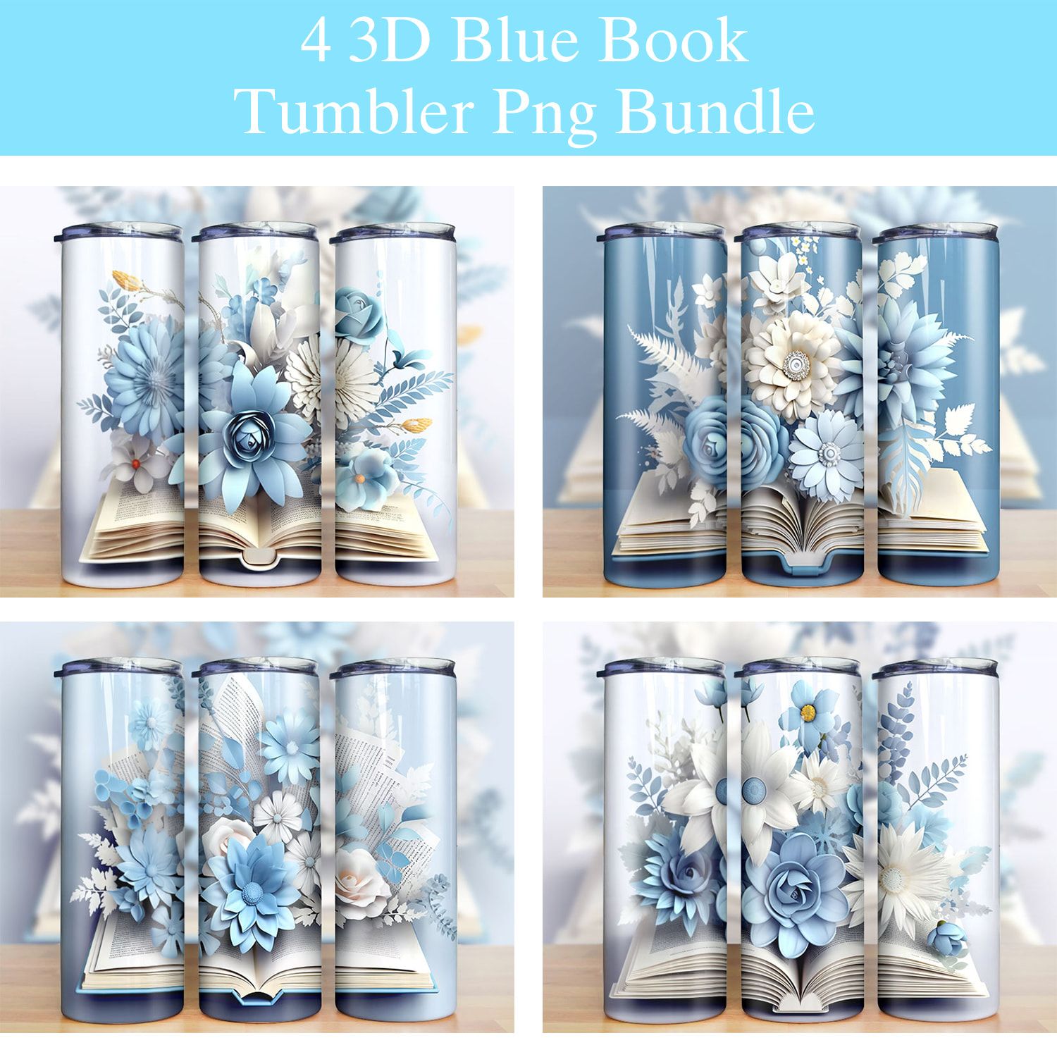3d White Blue Flowers Book Tumbler Png 3d White Blue Flowers Book Tumbler Png