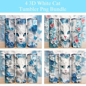 3d White Cat Flowers Tumbler Png
