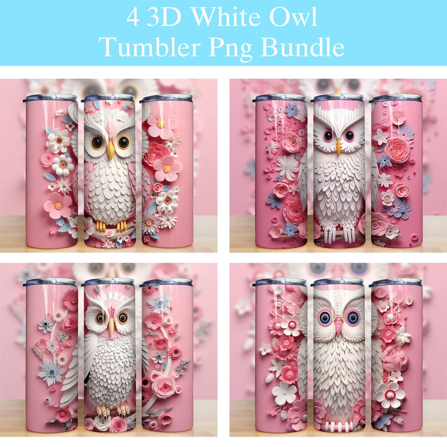 3d White Owl Pink Flowers Tumbler Png 3d White Owl Pink Flowers Tumbler Png
