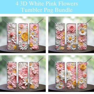 3d White Pink Flowers Tumbler Png