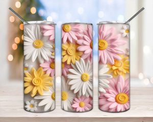 3d White Yellow Pink Daisies Tumbler Png