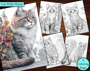 6 Cats Floral Coloring Page