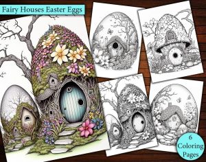 6 Fairy Houses Easter Eggs Coloring Page