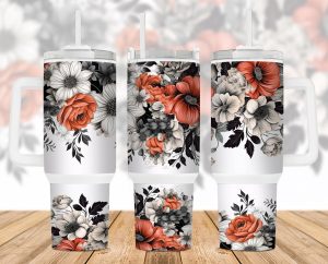 Black And White Flowers 40 Oz 2 Piece Tumbler Wrap