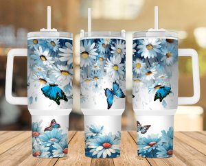 Blue Daisy Butterfly 40 Oz 2 Piece Tumbler Wrap