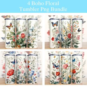 Boho Butterfly Floral Tumbler Png