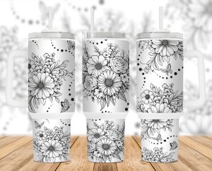 Boho Flowers Black And White 40 Oz 2 Piece Tumbler Wrap 2