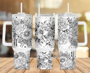Boho Flowers Black And White 40 Oz 2 Piece Tumbler Wrap