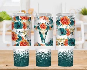 Boho Teal Floral Western Bull Skull 40 Oz 2 Piece Tumbler Wrap