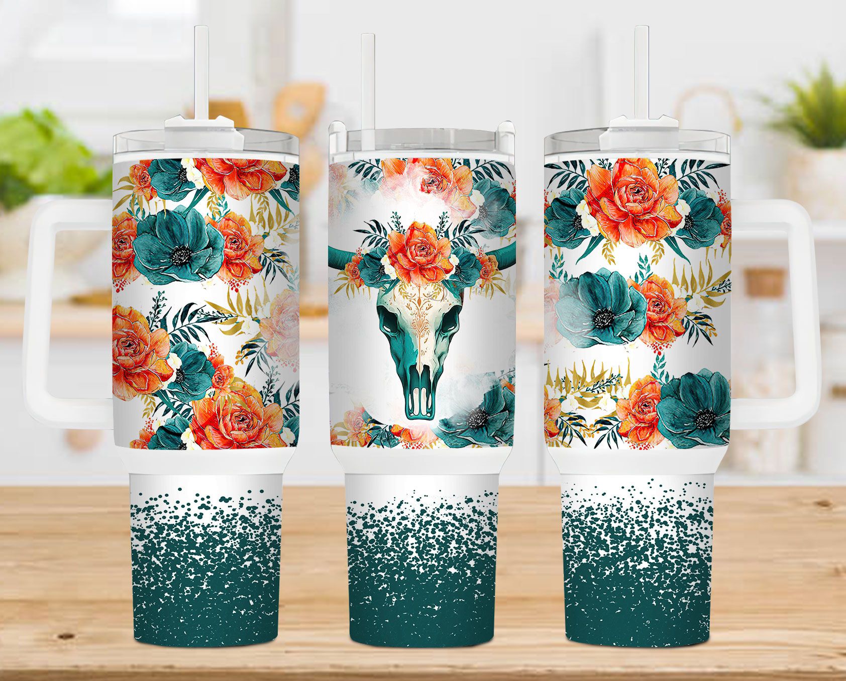 Boho Teal Floral Western Bull Skull 40 Oz 2 Piece Tumbler Wrap Boho Teal Floral Western Bull Skull 40 Oz 2 Piece Tumbler Wrap