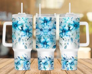 Bright Aqua Floral 40 Oz 2 Piece Tumbler Wrap