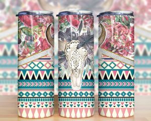 Bull Skull Floral Aztec Tumbler Png