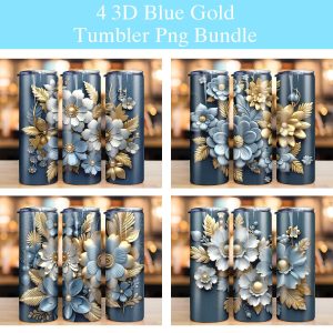 Bundle 3d Blue Silver Gold Flowers Tumbler Png