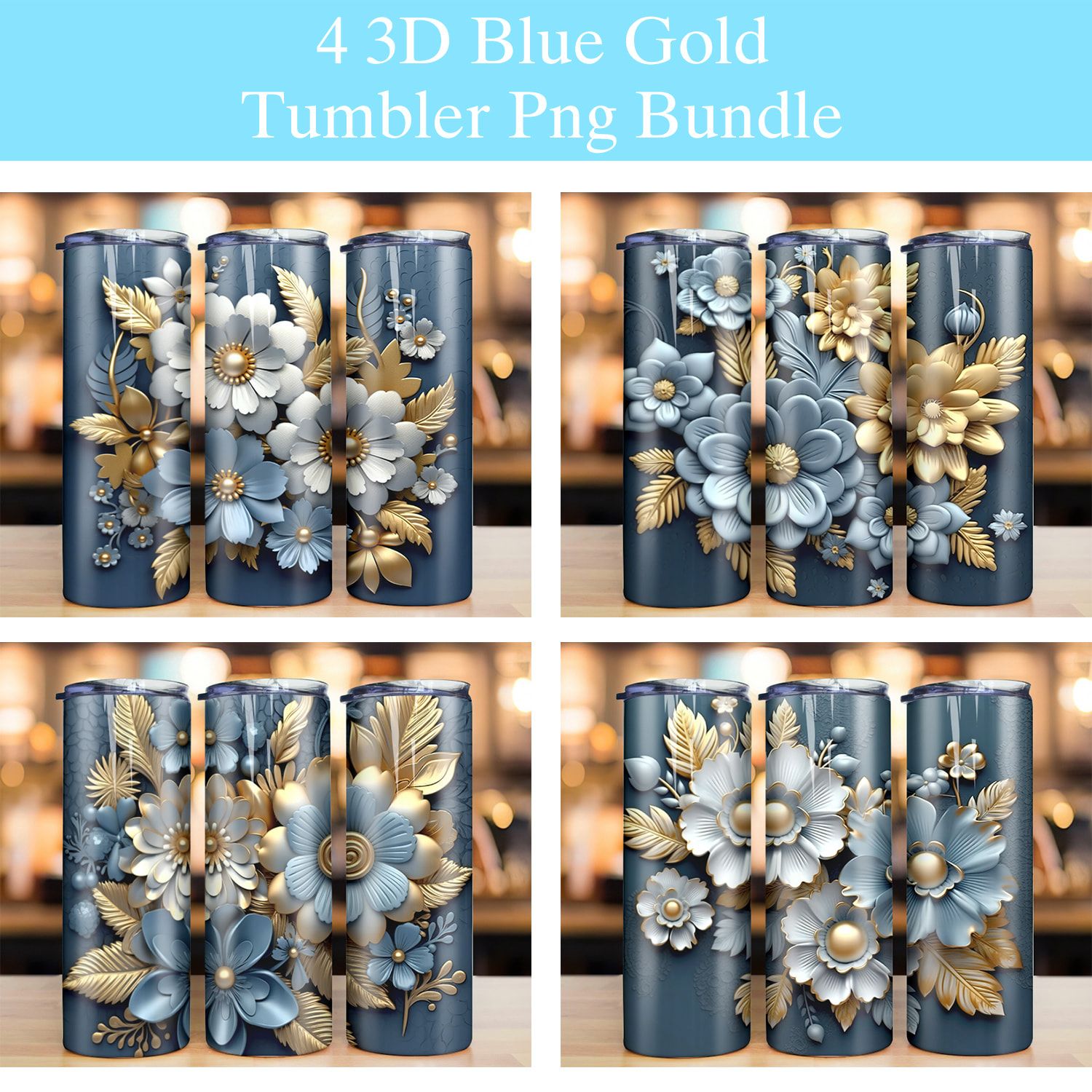 Bundle 3d Blue Silver Gold Flowers Tumbler Png Bundle 3d Blue Silver Gold Flowers Tumbler Png
