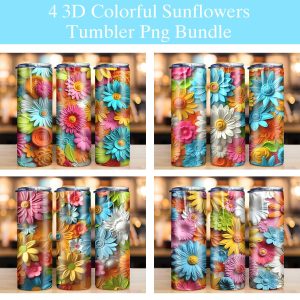 Bundle 3d Colorful Sunflowers And Rainbow Tumbler Png