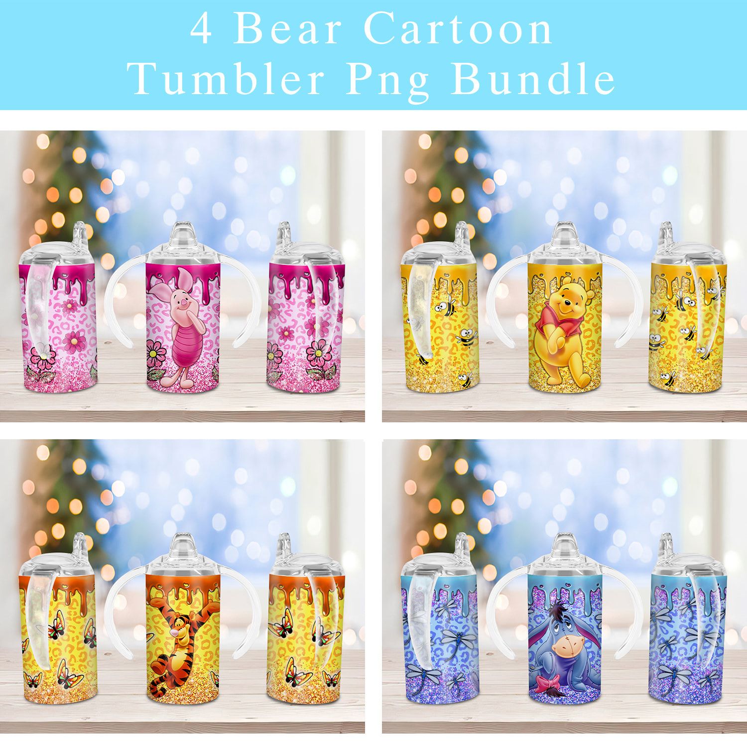 Bundle 4 Bear Cartoon Characters Sippy Cup Sublimation Design Bundle 4 Bear Cartoon Characters Sippy Cup Sublimation Design