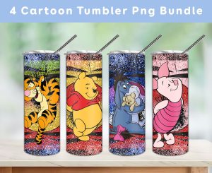 Bundle 4 Cartoon Characters Glitter Tumbler Png