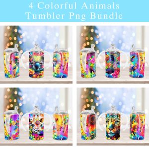 Bundle 4 Colorful Animals With Flowers Sippy Cup Sublimation Design
