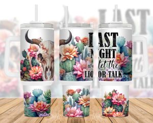 Cactus Flower Western Bull Skull Liquor 40 Oz 2 Piece Tumbler Wrap