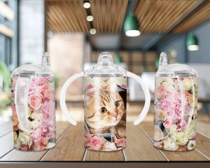 Cat Pink Rose Sippy Cup Sublimation Design