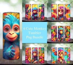 Cute Monkey Colorful Flowers Bundle Tumbler Png