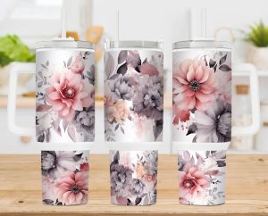 Dusty Pink Grey Floral 40 Oz 2 Piece Tumbler Wrap