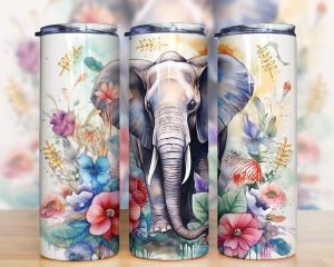 Elephant and Flowers Watercolor Tumbler PNG