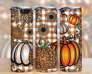 Fall Leopard Orange Pumpkins Sunflowers Tumbler Png
