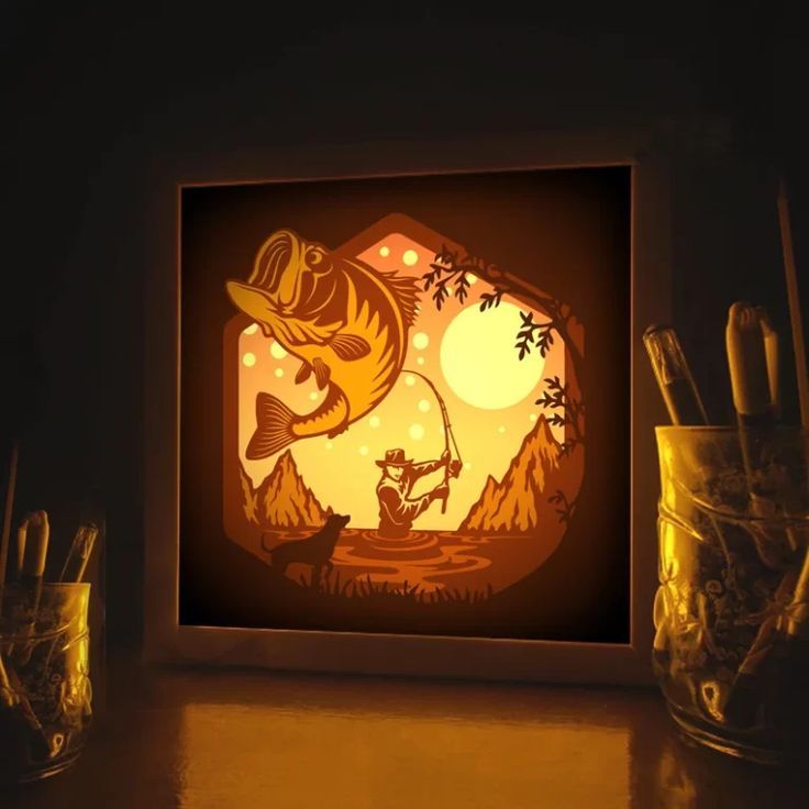 Fishing-Fisherman 3D Paper Cut Light Box Template Fishing-Fisherman 3D Paper Cut Light Box Template
