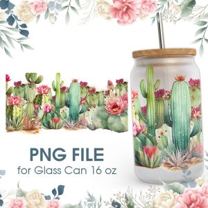 Floral Cactus 16 Oz Glass Can Png File