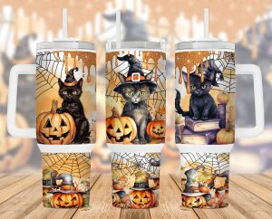 Halloween Black Cat Pumpkin 40 Oz 2 Piece Tumbler Wrap