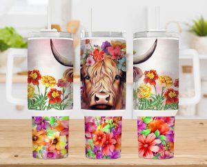 Highland Cow Flowers Watercolor 40 Oz 2 Piece Tumbler Wrap