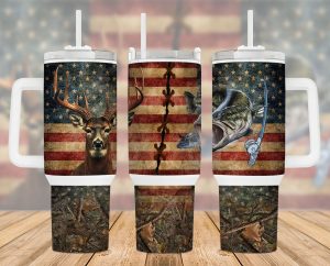 Hunting Deer And Fish American Flag 40 Oz 2 Piece Tumbler Wrap