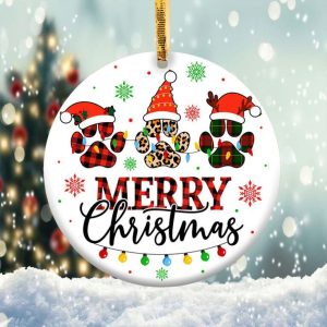 Merry Christmas Dog Paws Ornament Png, Round Christmas Ornament