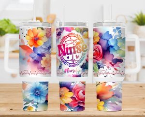 Nurse Life Rainbow Floral 40 Oz 2 Piece Tumbler Wrap