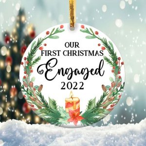 Our First Christmas Engaged Ornament Png, Round Christmas Ornament