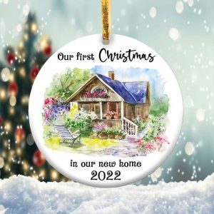 Our First Christmas in Our New Home Ornament Png, Round Christmas Ornament