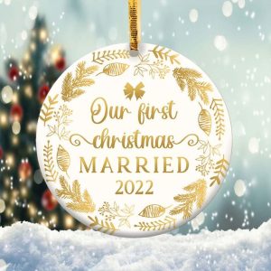 Our First Christmas Married Ornament Png, Round Christmas Ornament