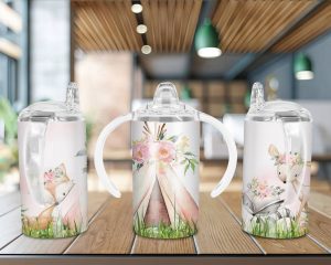 Pink Woodland Animals Straight Sippy Cup Sublimation Design