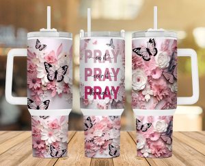 Pray On It Pink Floral And Butterfly 40 Oz 2 Piece Tumbler Wrap