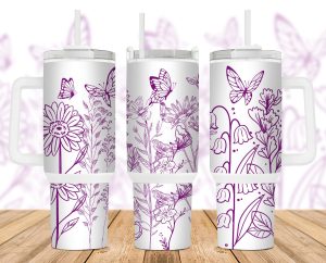 Purple Flower Garden Butterfly 40 Oz 2 Piece Tumbler Wrap