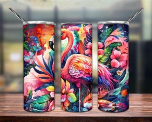 Rainbow Flamingo With Orchids Neon Tumbler Png