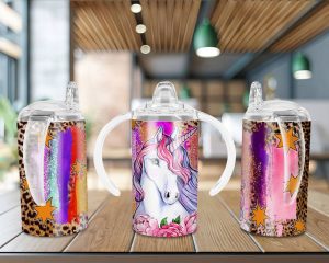 Rainbow Unicorn With Flowers Sippy Cup Sublimation Design