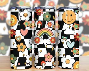 Retro Daisy Smile Face Checker Tumbler Png