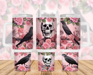 Skeleton Floral Pink Skull Gothic 40 Oz 2 Piece Tumbler Wrap