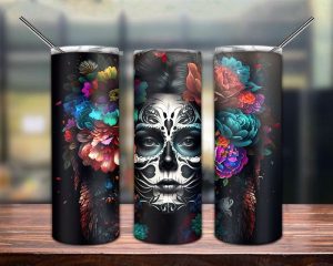 Sugar Skull Flowers Mexican Tumbler Png