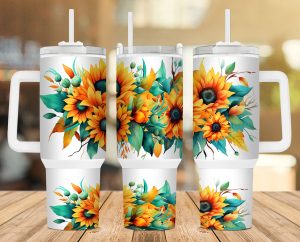 Sunflowers Watercolor Teal 40 Oz 2 Piece Tumbler Wrap