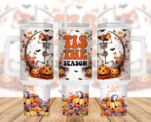 Tis The Season Halloween Skeleton Pumpkin 40 Oz 2 Piece Tumbler Wrap