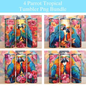 Vibrant Parrot Tropical Flowers Tumbler Png